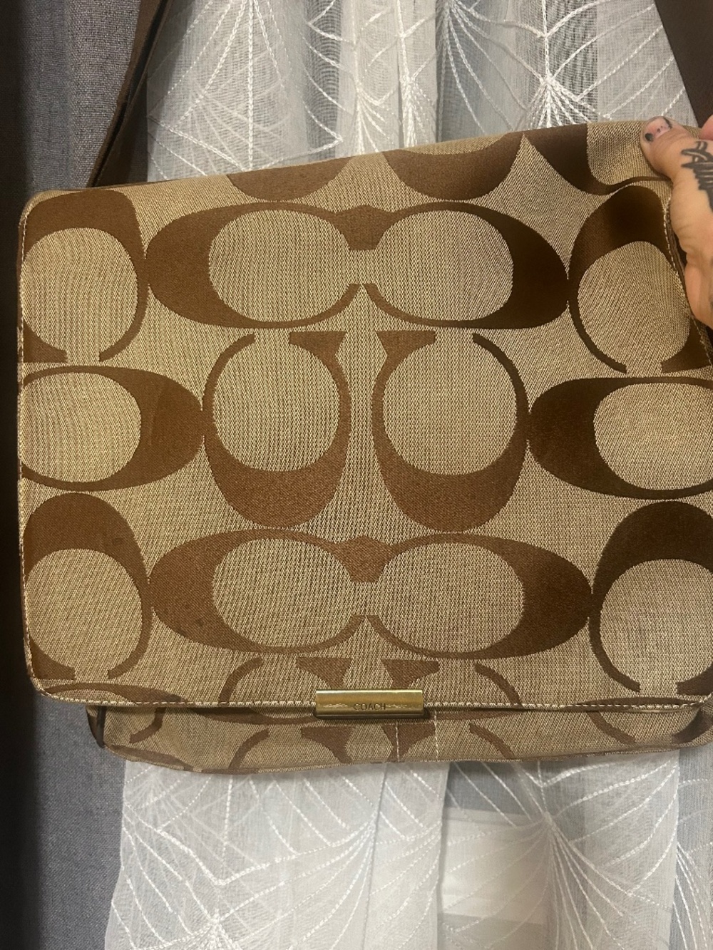 Coach Signature Optic C Jacquard Messenger Bag Brown Tan Crossbody